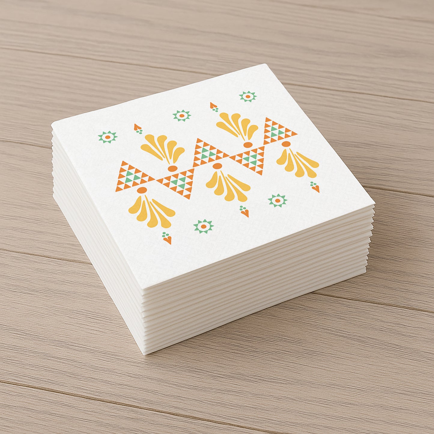 Tissue-Servietten „Dreieckstanz im Frühling“ (20 Stück 33×33 cm) – Sorbisches Muster in Gelb, Orange & Grün